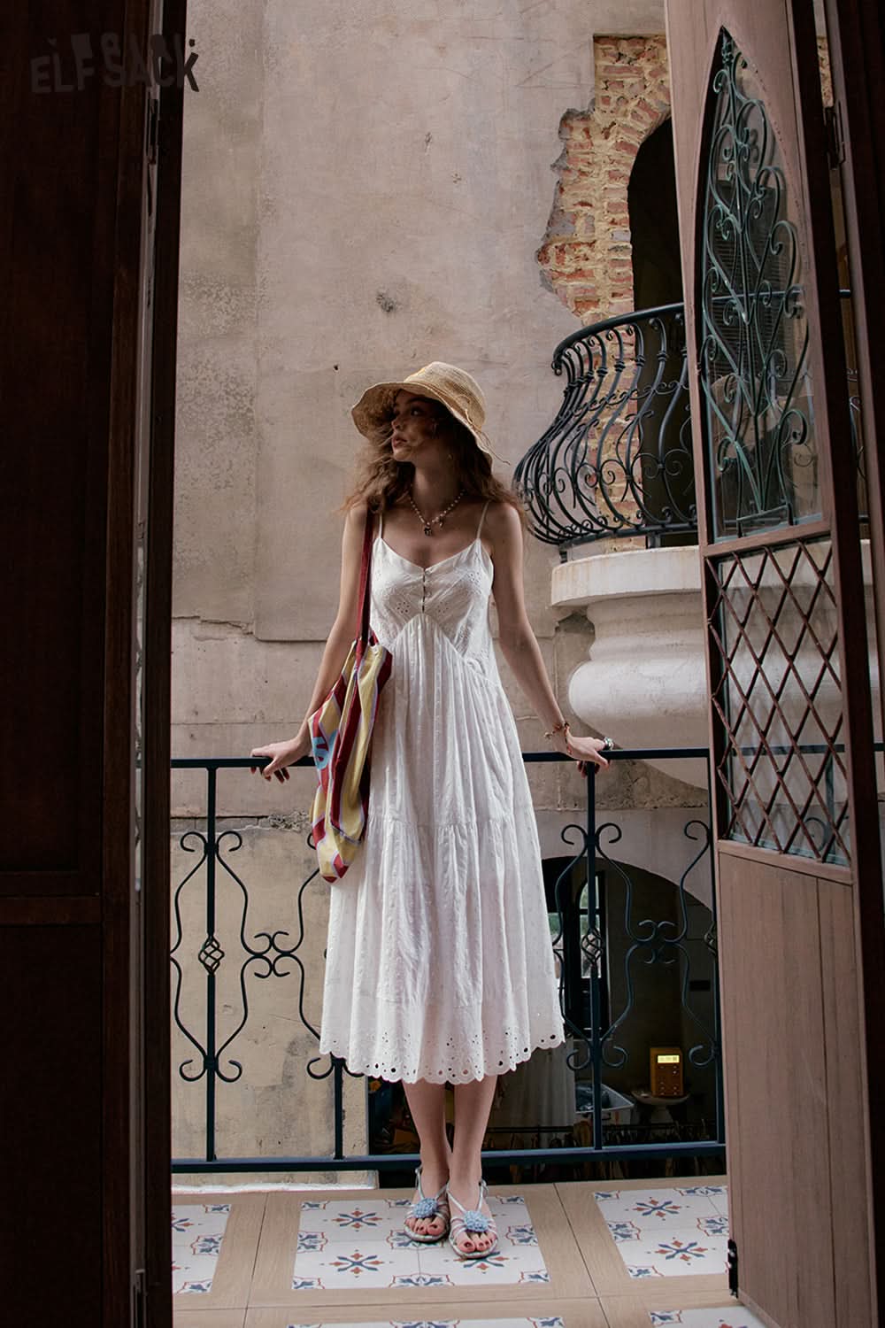 ELFSACK White Jacquard Camisole Chic Dress