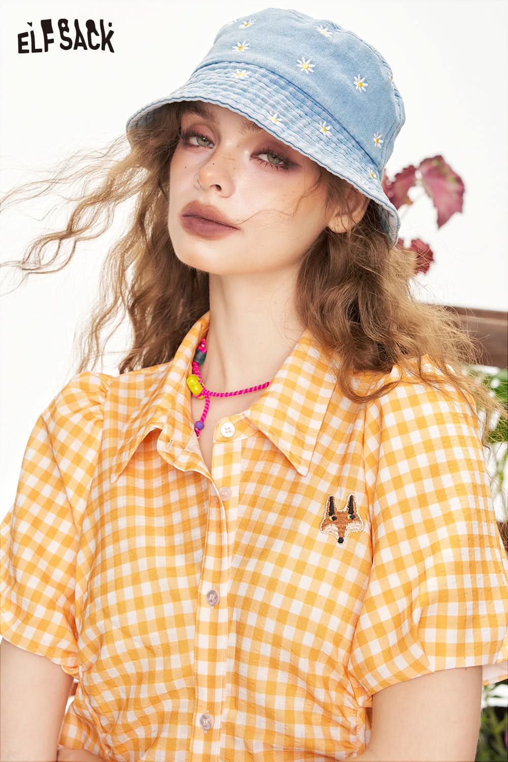 ELFSACK Fox Embroidered Grid Bubble Sleeve Chic Dress
