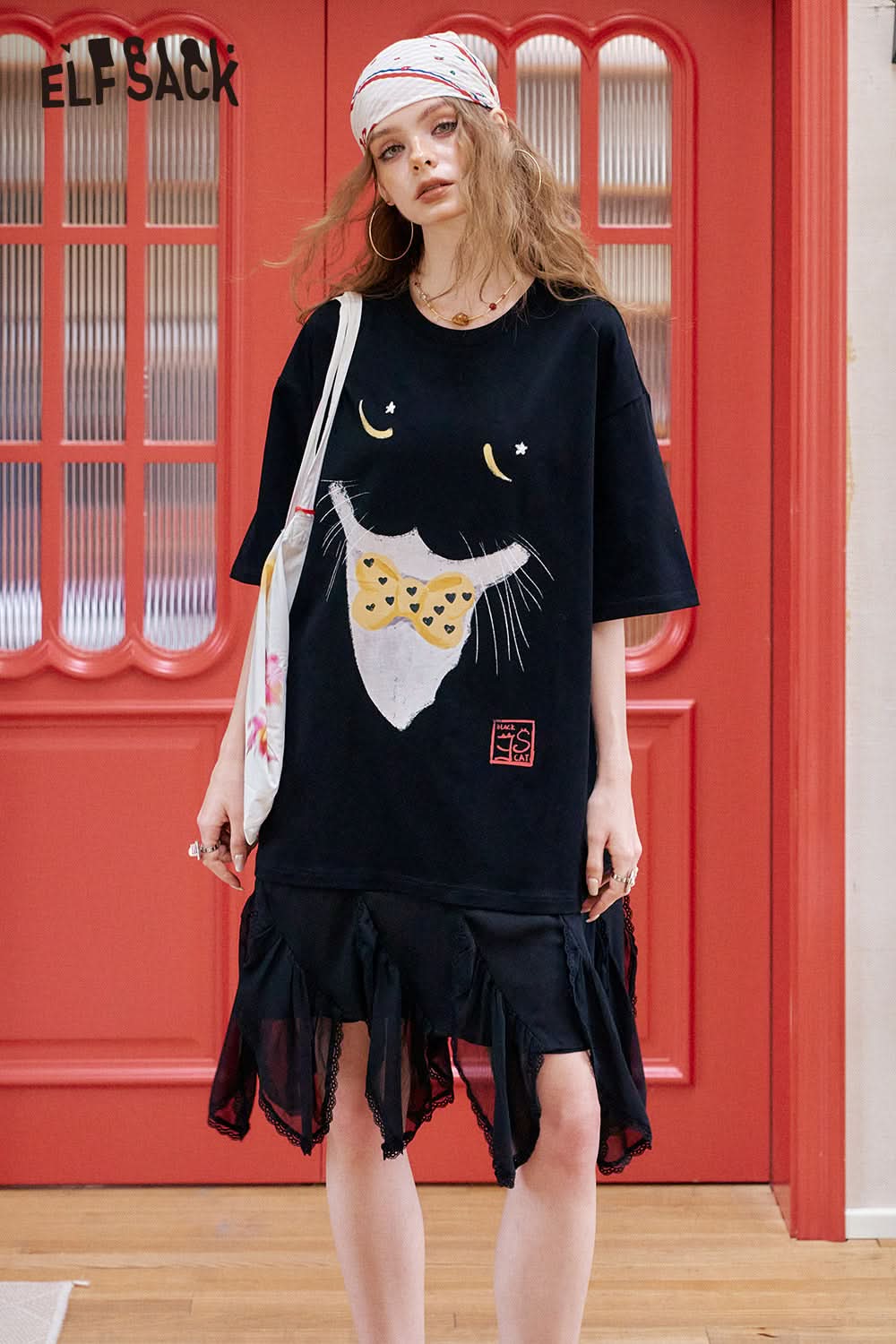 ELFSACK Cat Printed Patchwork Casual Dress