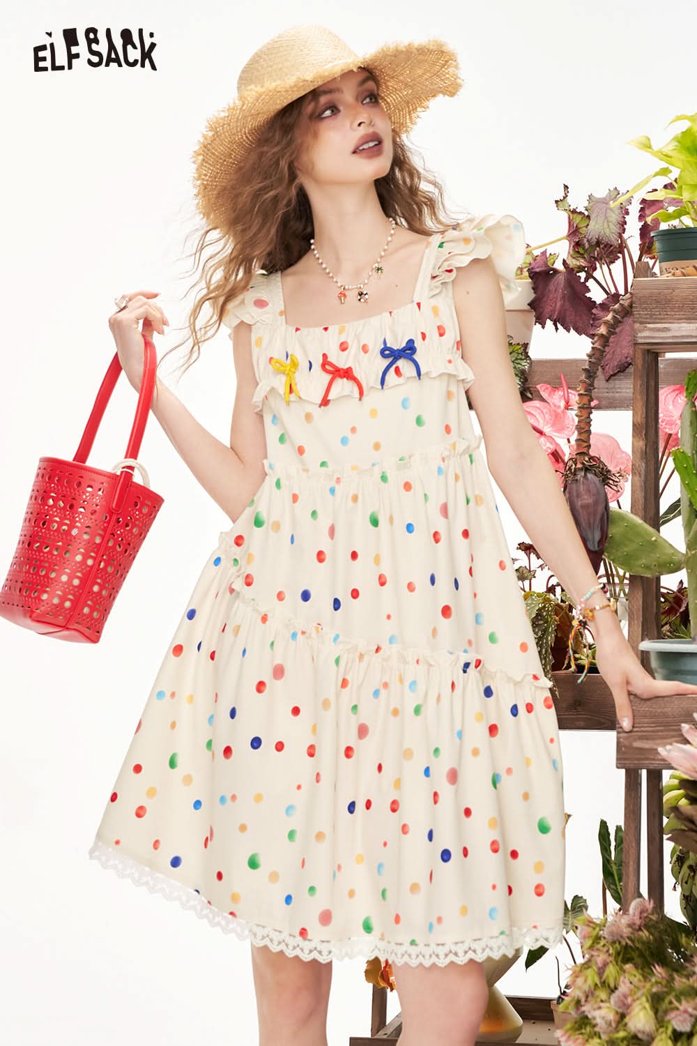 ELFSACK Colorful Polka Dot Small Fly Sleeve Suspender Chic Dress