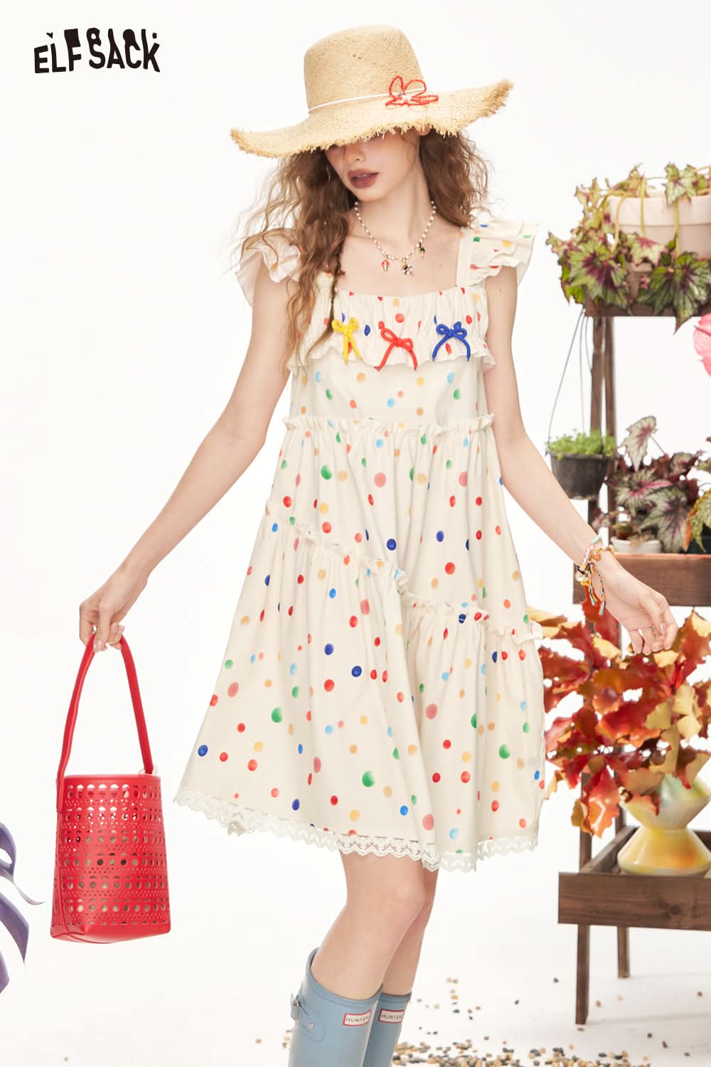 ELFSACK Colorful Polka Dot Small Fly Sleeve Suspender Chic Dress