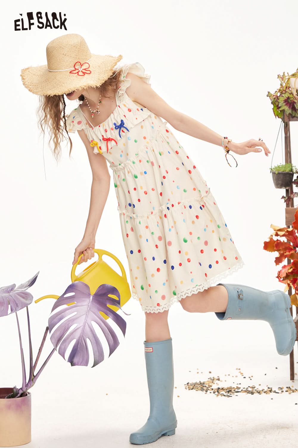 ELFSACK Colorful Polka Dot Small Fly Sleeve Suspender Chic Dress