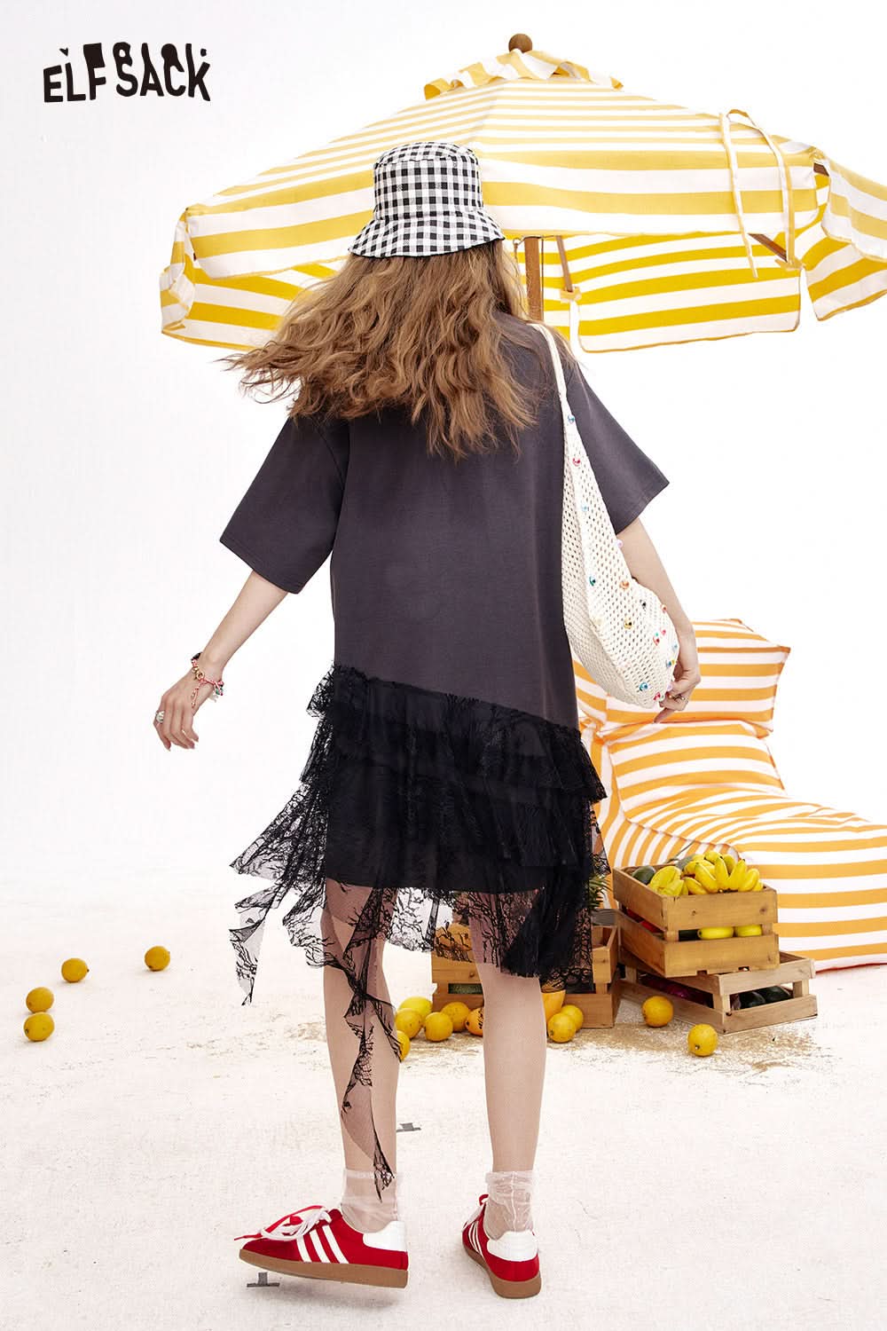 ELFSACK Original Printed Lace Patchwork Casual Dress