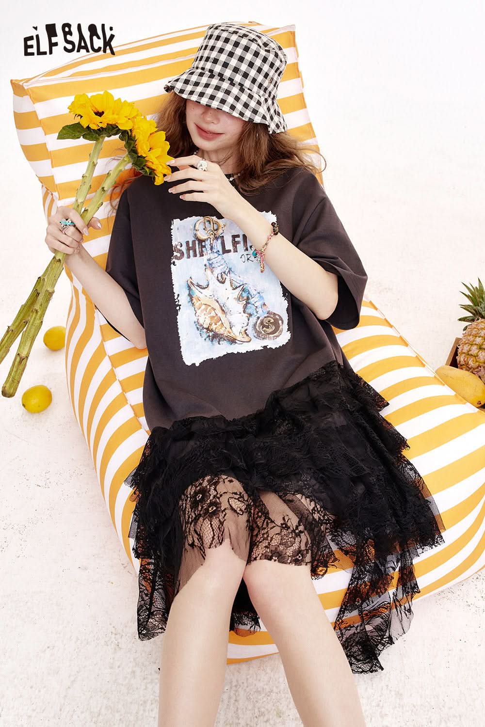 ELFSACK Original Printed Lace Patchwork Casual Dress