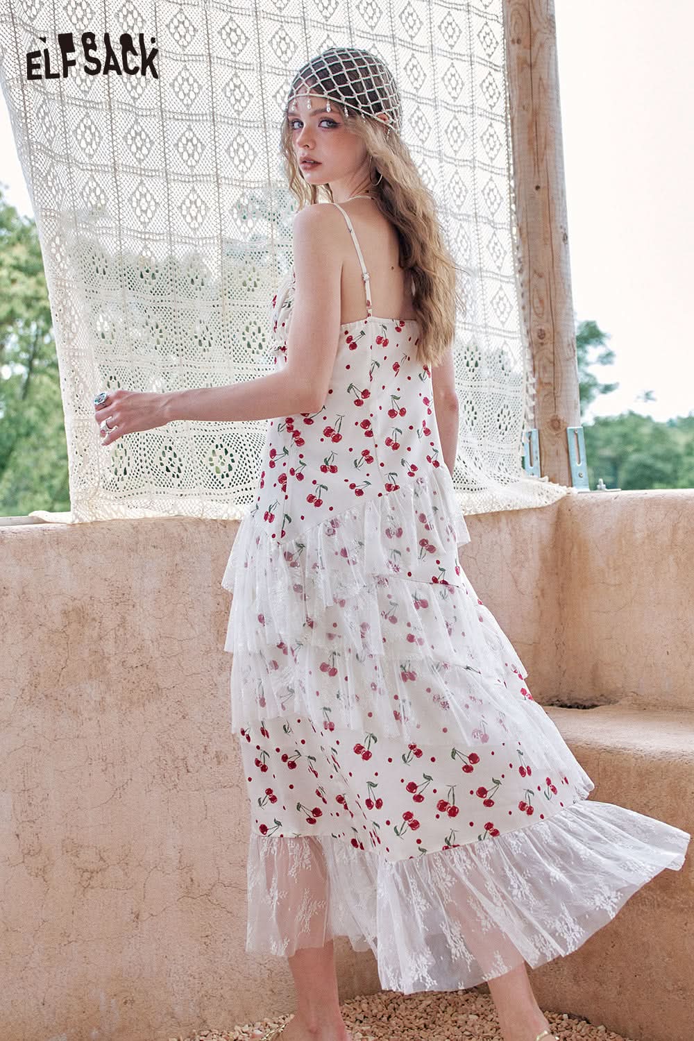 ELFSACK Cherry Print Lace Patchwork Mesh Chic Dress