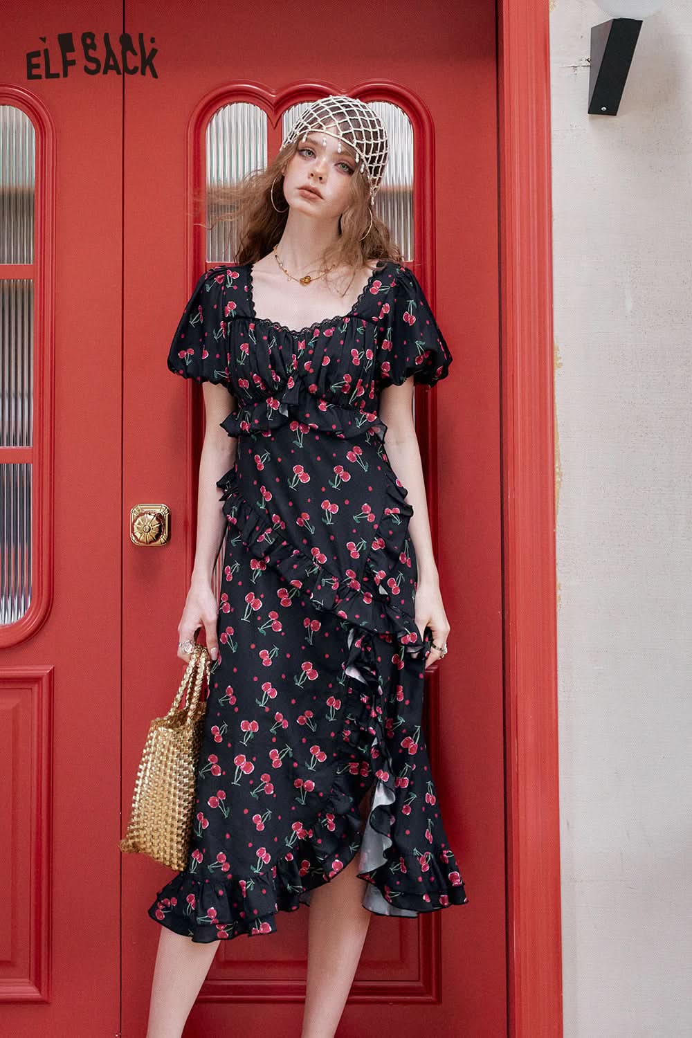 ELFSACK Cherry Print Bubble Sleeve Square Neck Chic Dress