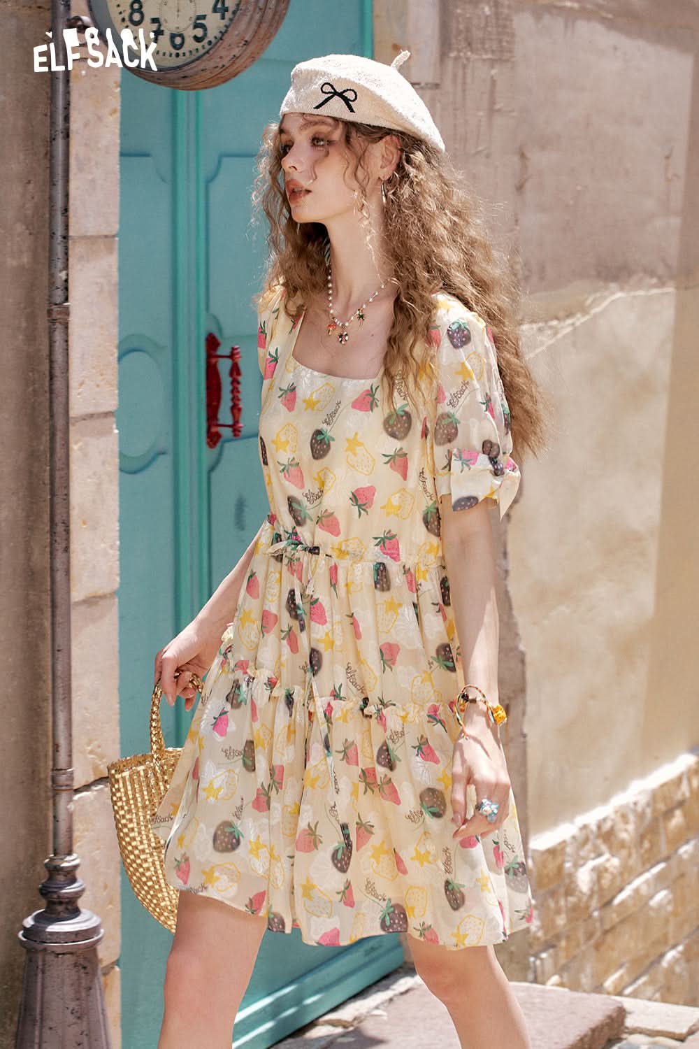ELFSACK Strawberry Print Square Neck Chic Dress