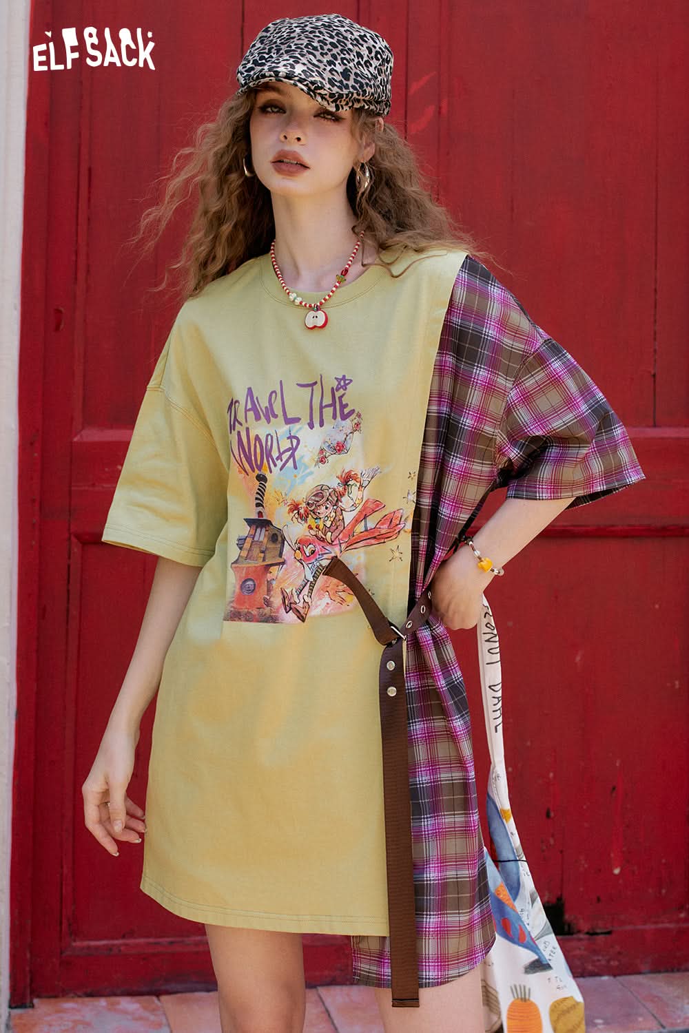 ELFSACK Original Printed Plaid Patchwork Casual Dress