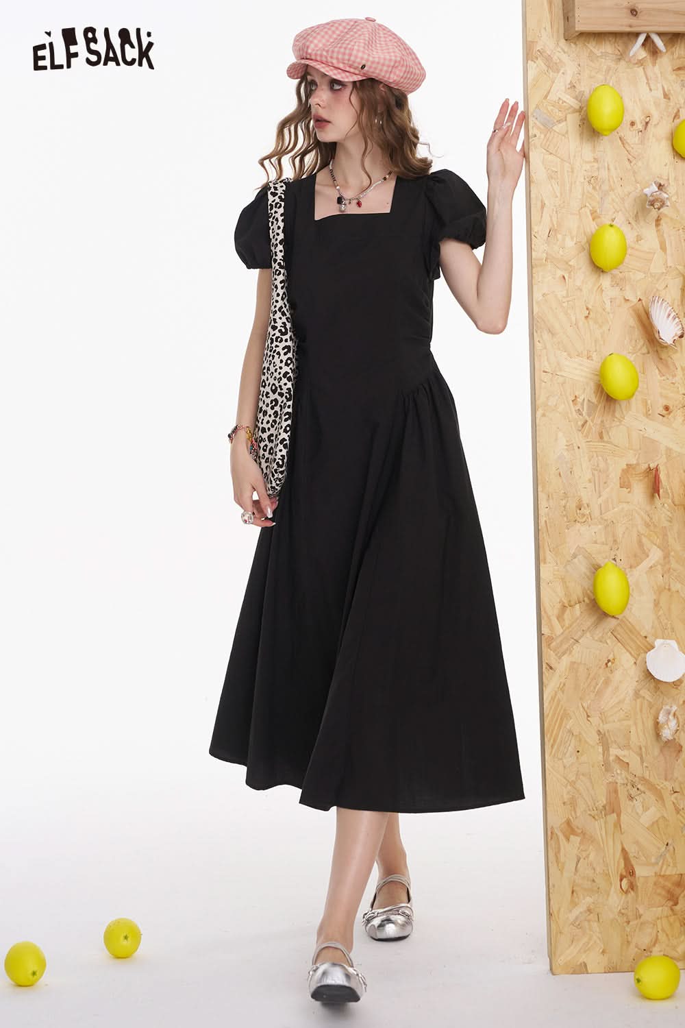 ELFSACK Square Neck White Bubble Sleeve Mid Length Dress