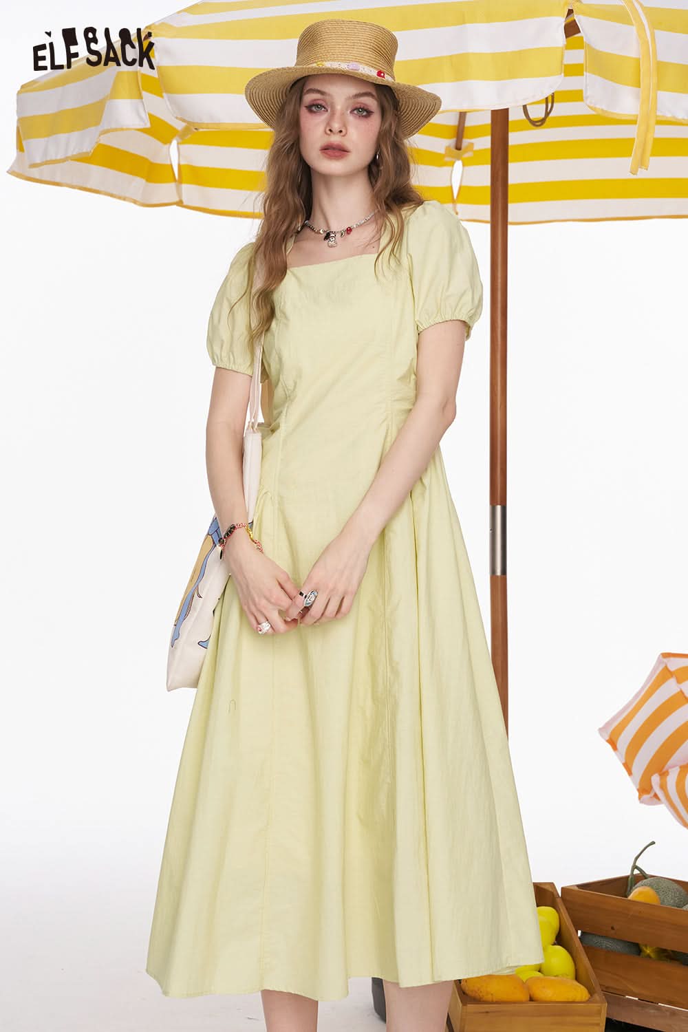 ELFSACK Square Neck White Bubble Sleeve Mid Length Dress