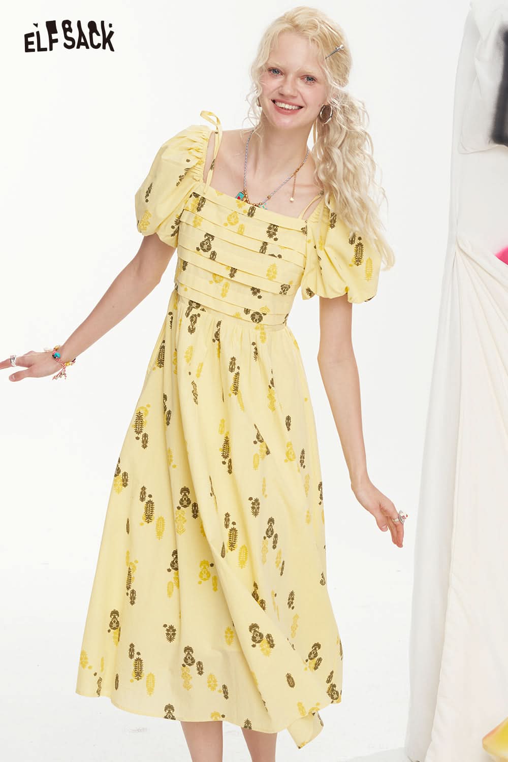 ELFSACK Square Neck Bubble Sleeve Mid Length Dress