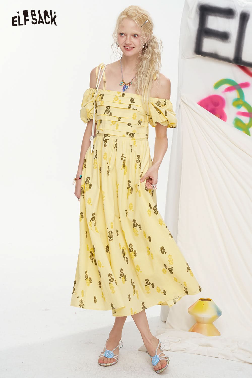 ELFSACK Square Neck Bubble Sleeve Mid Length Dress