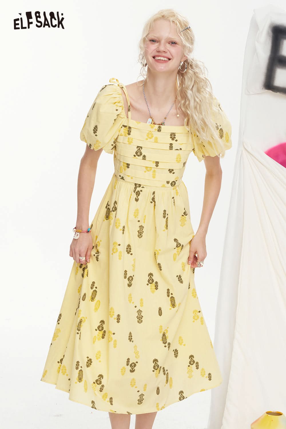 ELFSACK Square Neck Bubble Sleeve Mid Length Dress