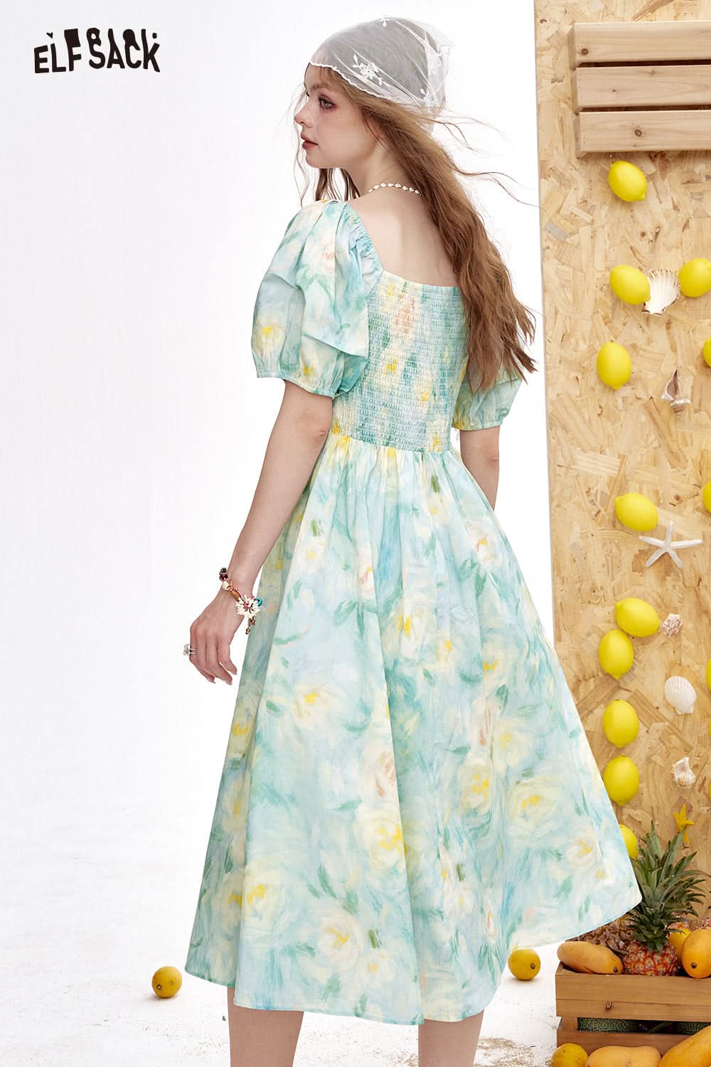 ELFSACK Bubble Sleeve Chic Long Dress