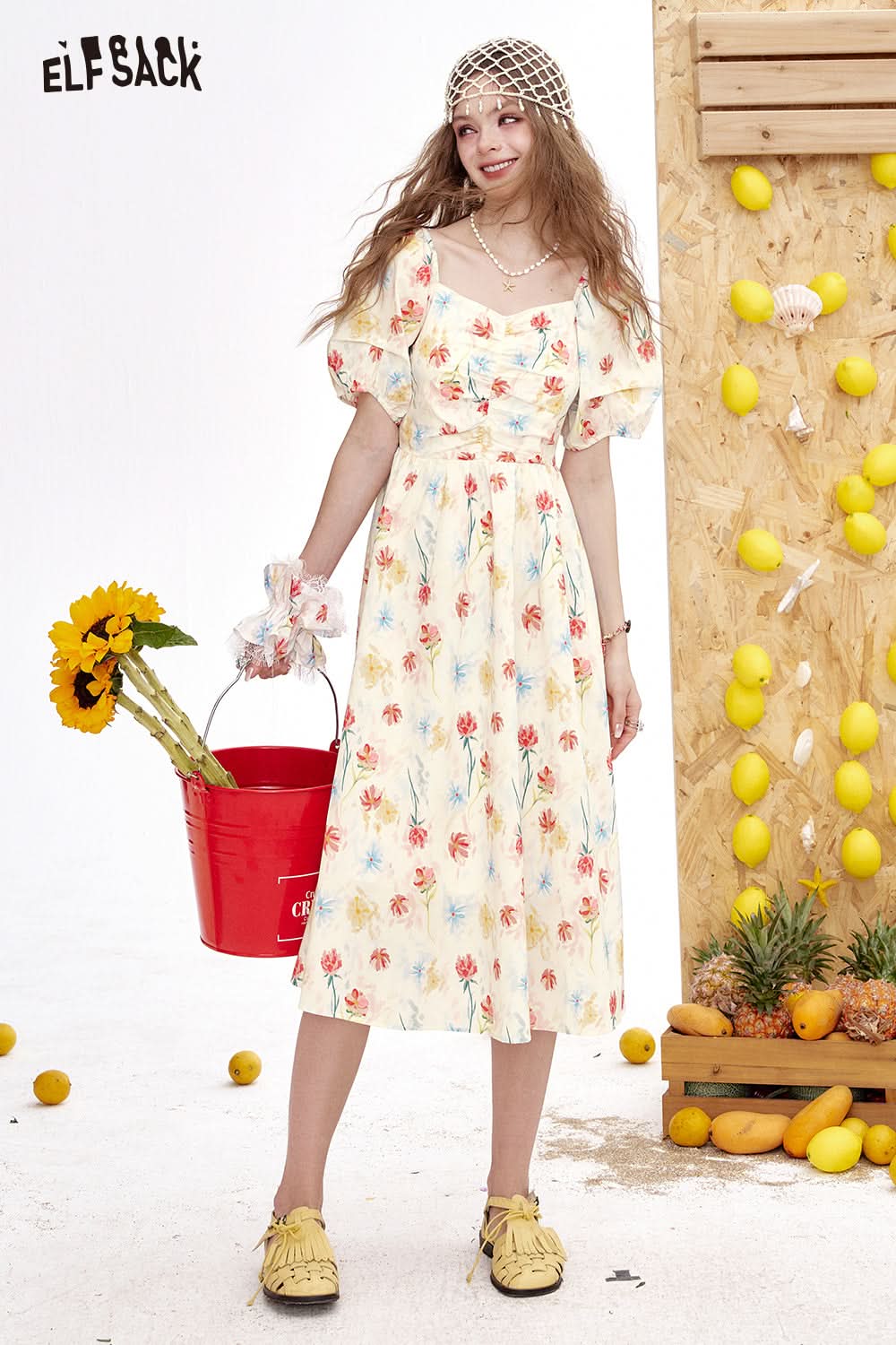 ELFSACK Bubble Sleeve Chic Long Dress