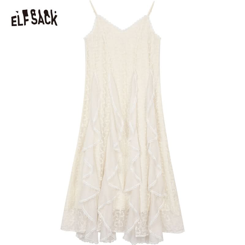ELFSACK White Lace Vacation Style Halter Dress