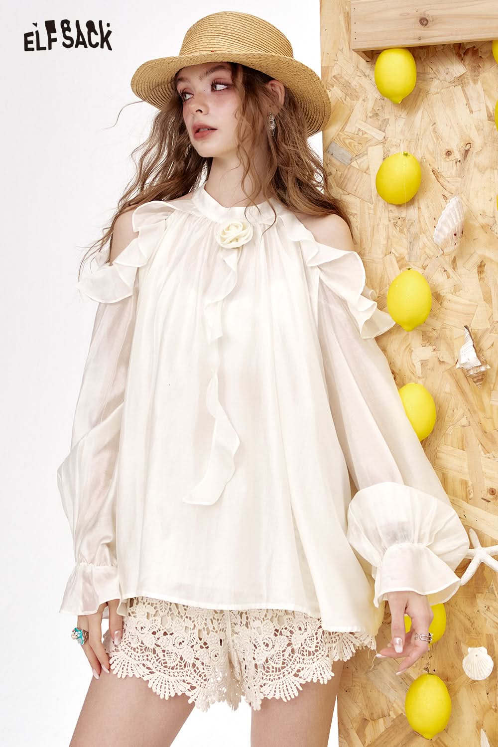 ELFSACK Hanging Neck And Exposed Shoulder Imitation Tencel Chiffon Shirt