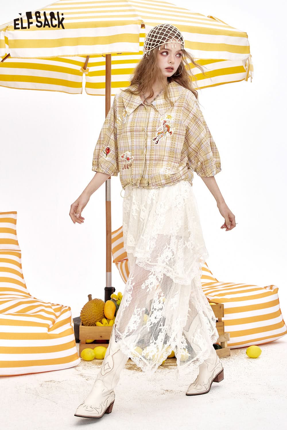 ELFSACK Cartoon Printed Checkered Bubble Sleeve Chic Shirt