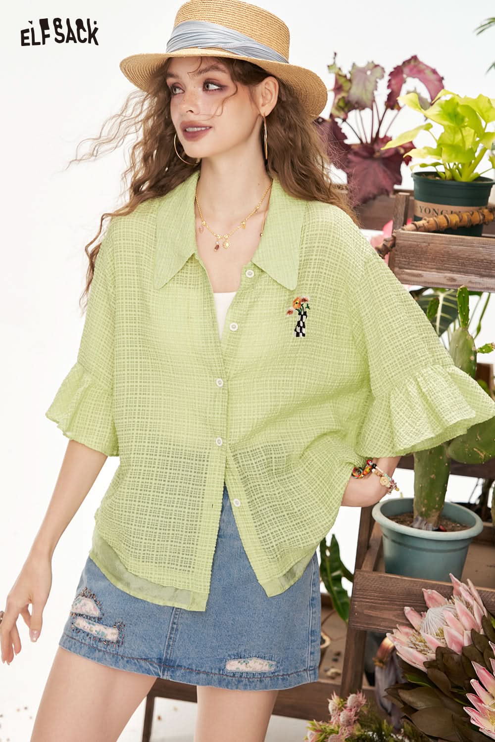 ELFSACK Fairy'S Pocket With Ruffled Cuffs Lightweight Short Sleeve Chic Shirt