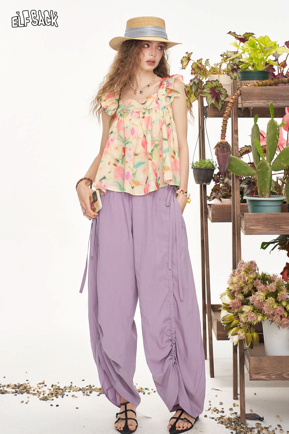 ELFSACK Floral Square Neck Small Fly Sleeve Chic Shirt