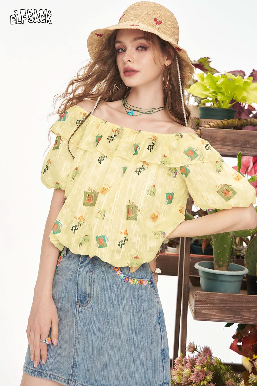 ELFSACK Yellow Printed One Shoulder Chiffon Chic Shirt