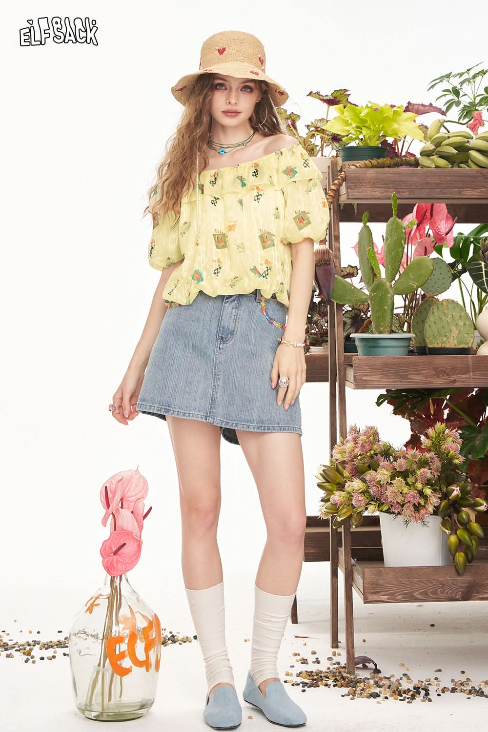 ELFSACK Yellow Printed One Shoulder Chiffon Chic Shirt