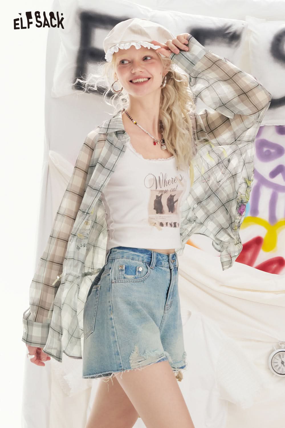 ELFSACK Printed Checkered Chiffon Casual Shirt