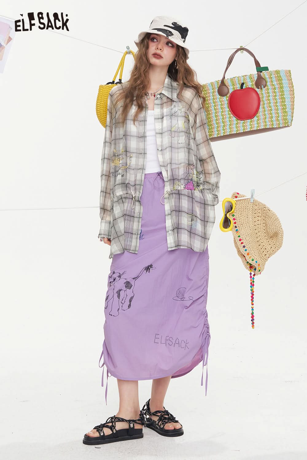 ELFSACK Printed Checkered Chiffon Casual Shirt