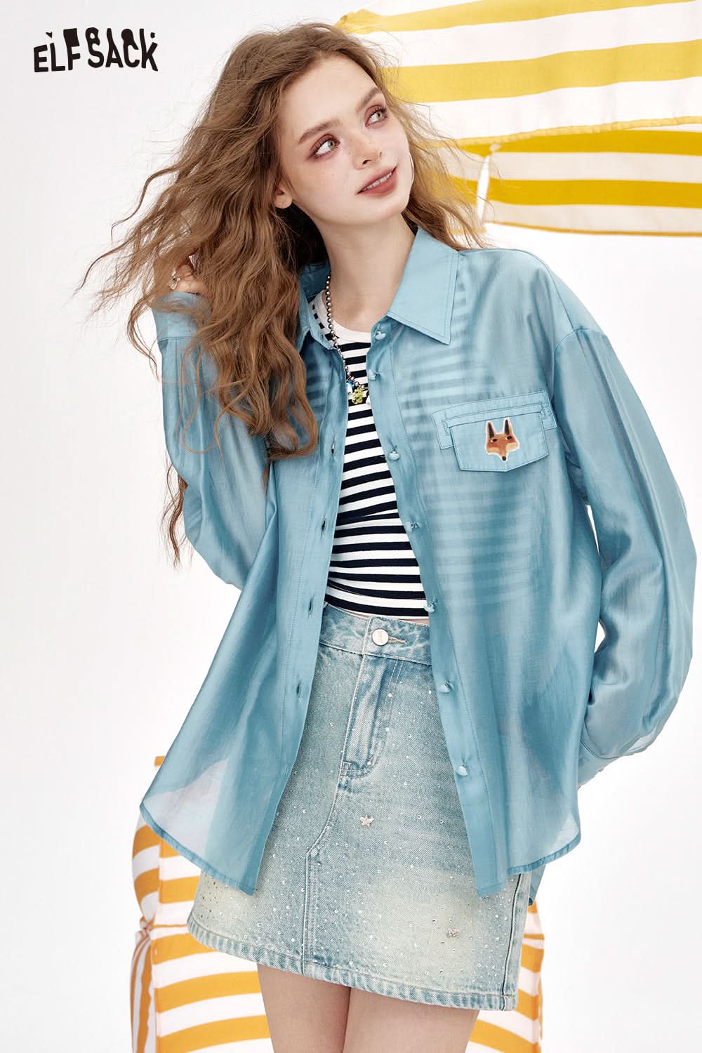 ELFSACK Loose Casual Thin Retro Long Sleeve Shirt