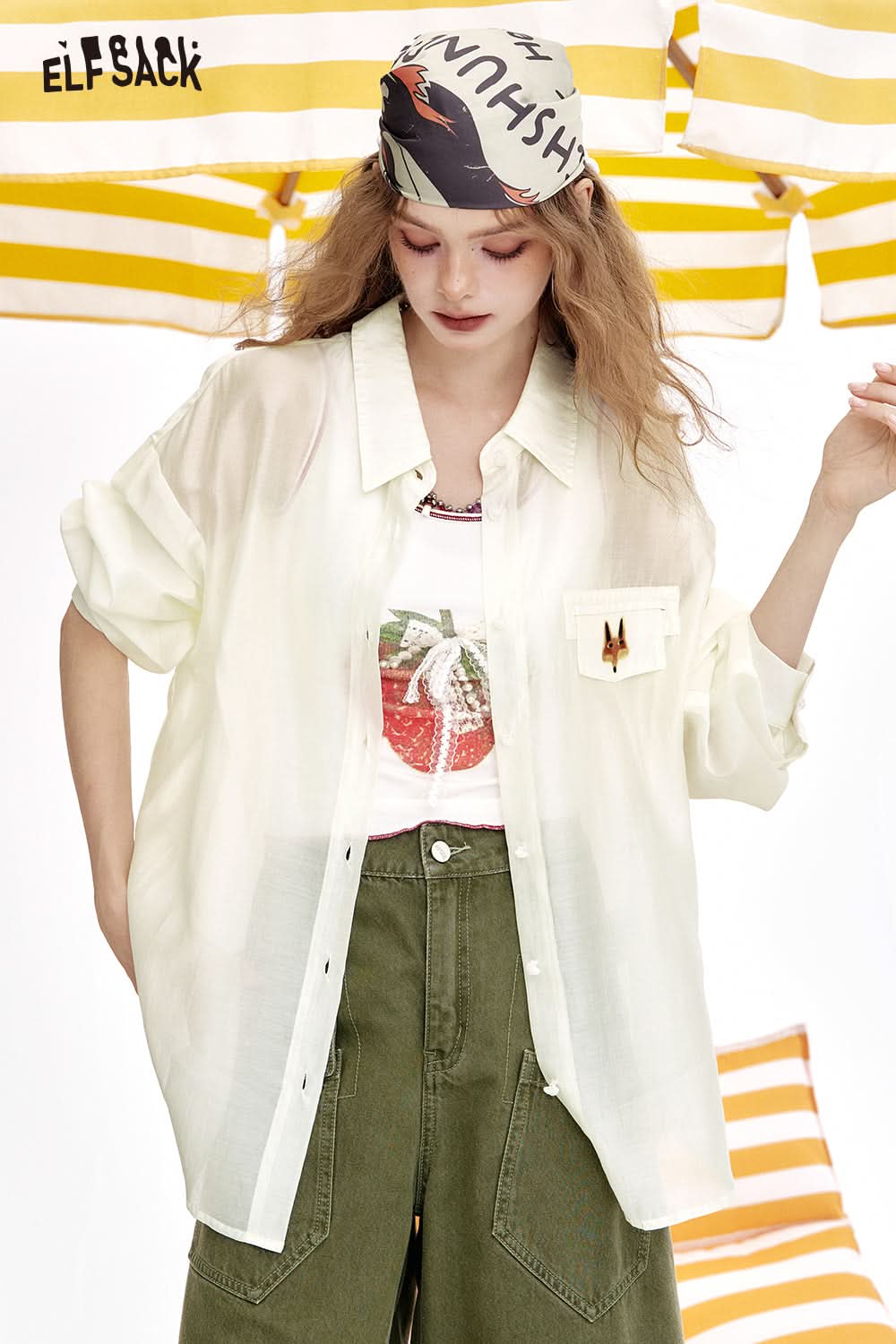 ELFSACK Loose Casual Thin Retro Long Sleeve Shirt