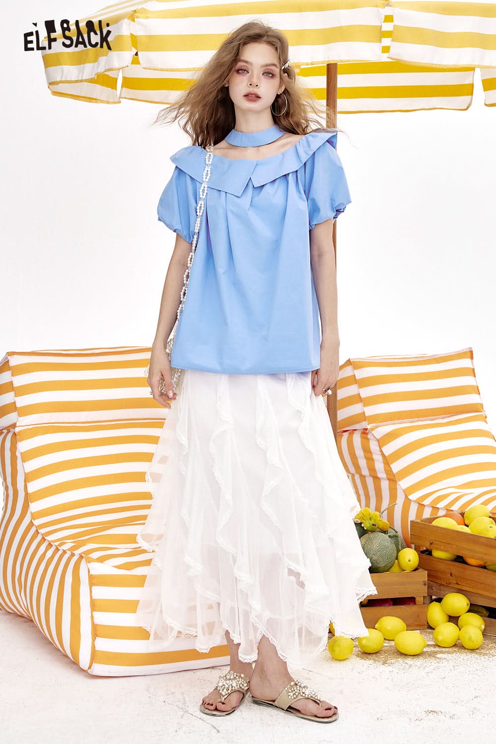 ELFSACK One Shoulder Lotus Leaf Edge Short Sleeve Chic Shirt