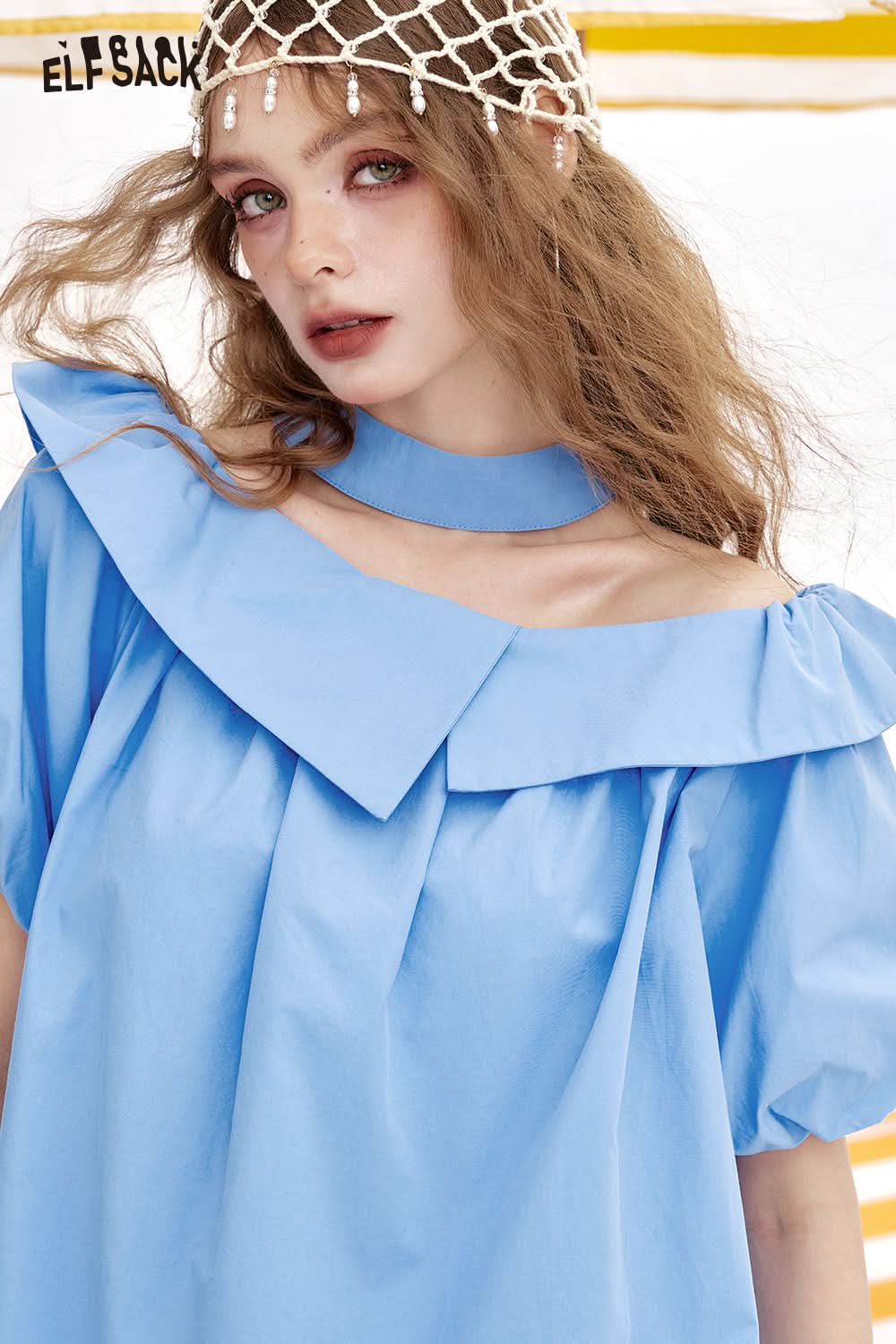 ELFSACK One Shoulder Lotus Leaf Edge Short Sleeve Chic Shirt