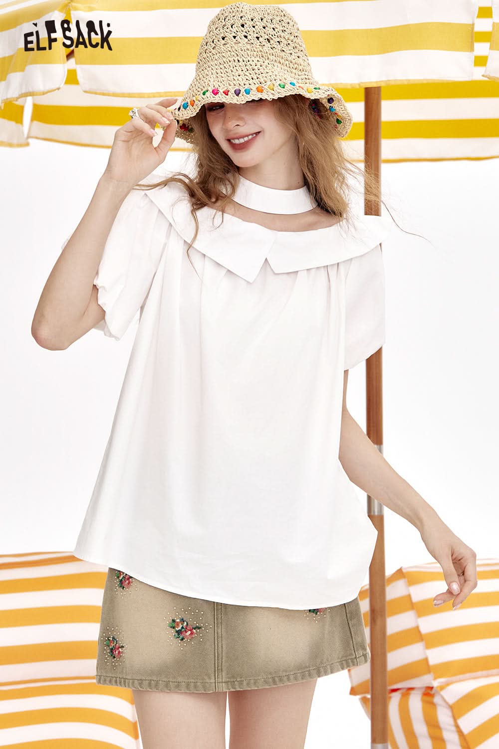 ELFSACK One Shoulder Lotus Leaf Edge Short Sleeve Chic Shirt