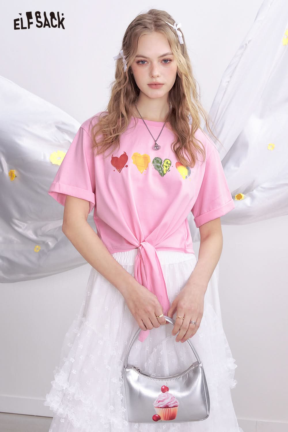 ELFSACK White Heart-Shaped Printed Lace Up Loose Short Sleeved Casual T-Shirt