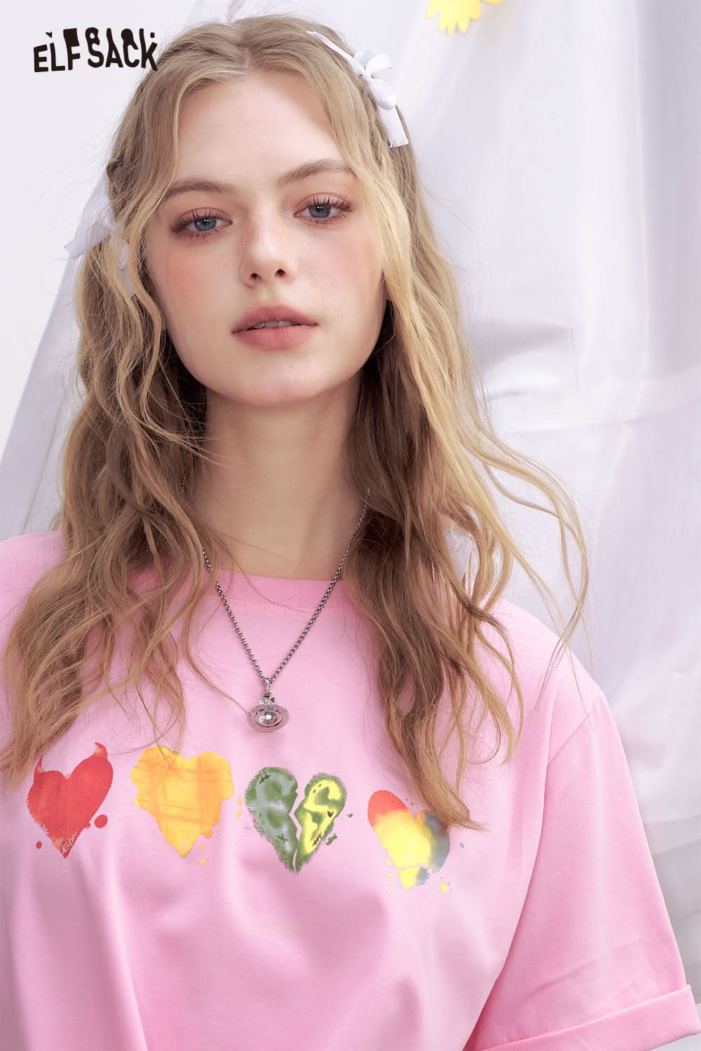 ELFSACK White Heart-Shaped Printed Lace Up Loose Short Sleeved Casual T-Shirt