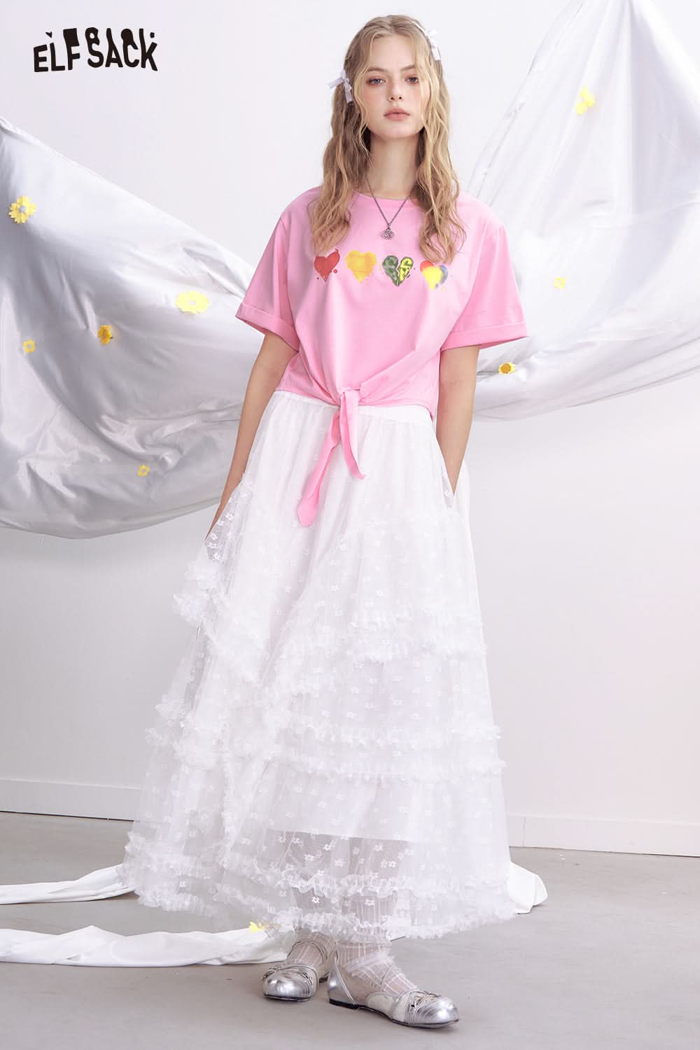 ELFSACK White Heart-Shaped Printed Lace Up Loose Short Sleeved Casual T-Shirt