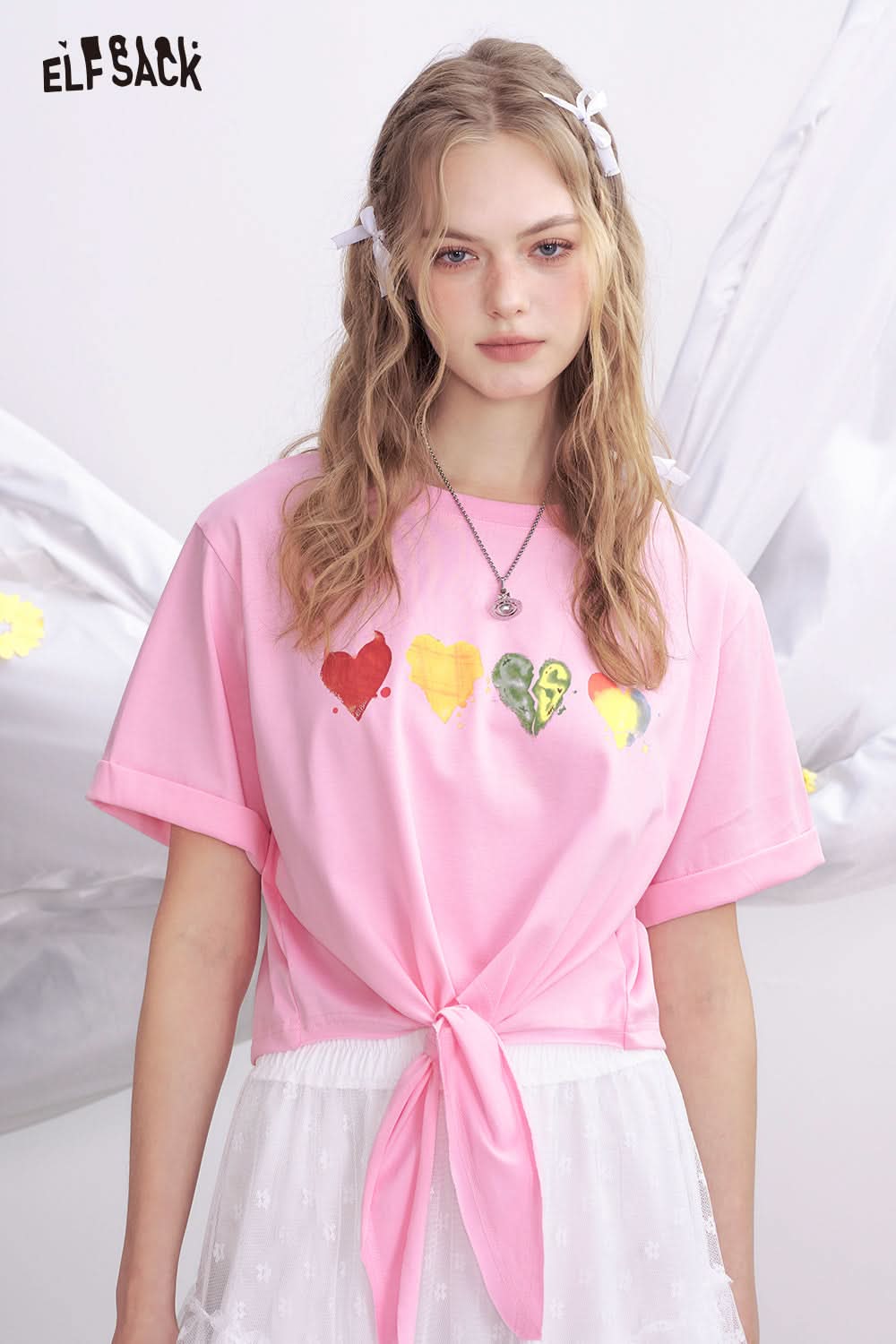 ELFSACK White Heart-Shaped Printed Lace Up Loose Short Sleeved Casual T-Shirt