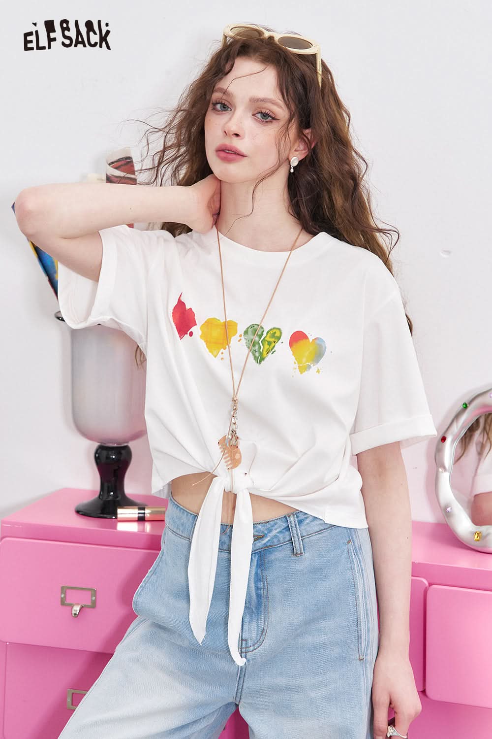 ELFSACK White Heart-Shaped Printed Lace Up Loose Short Sleeved Casual T-Shirt
