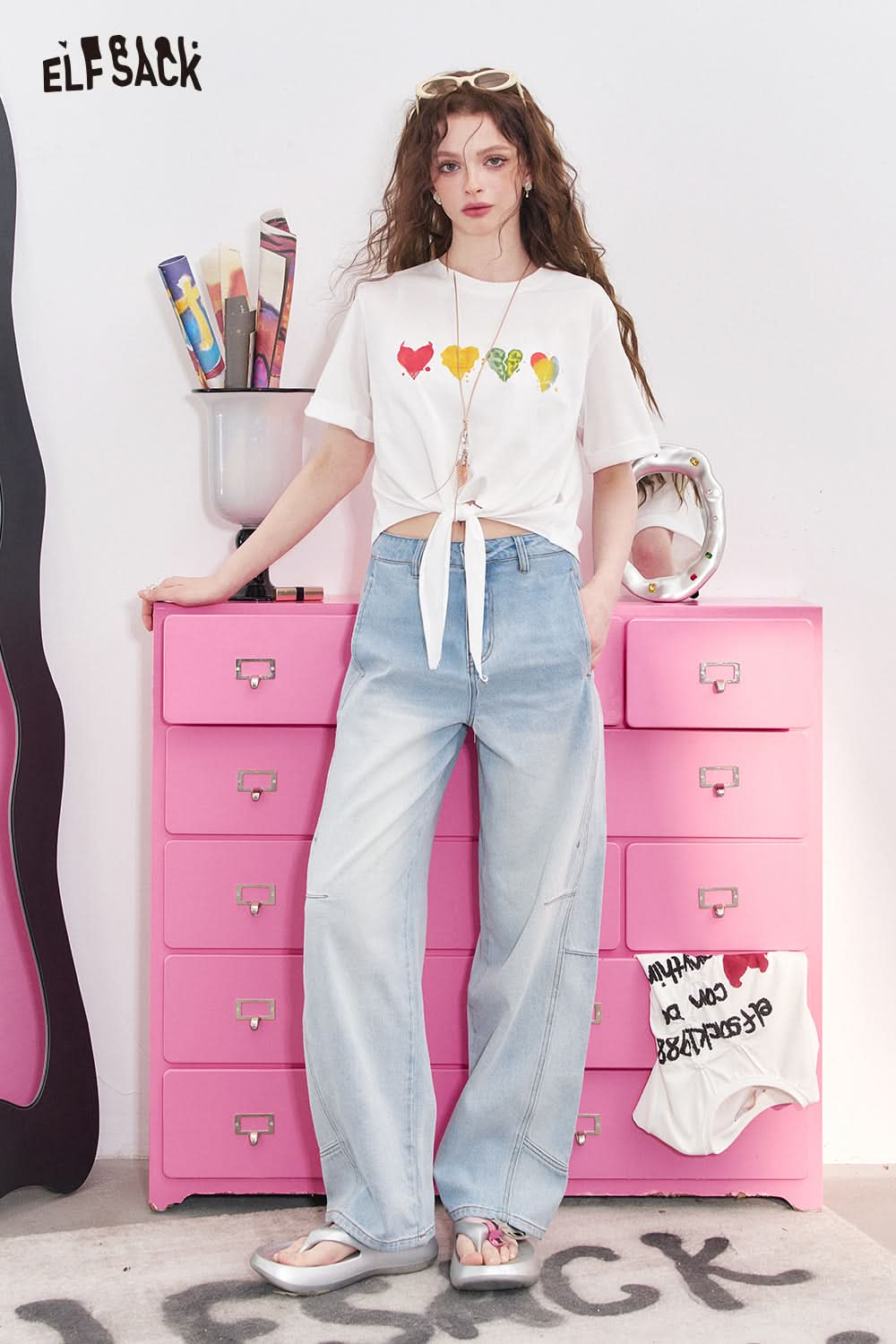 ELFSACK White Heart-Shaped Printed Lace Up Loose Short Sleeved Casual T-Shirt