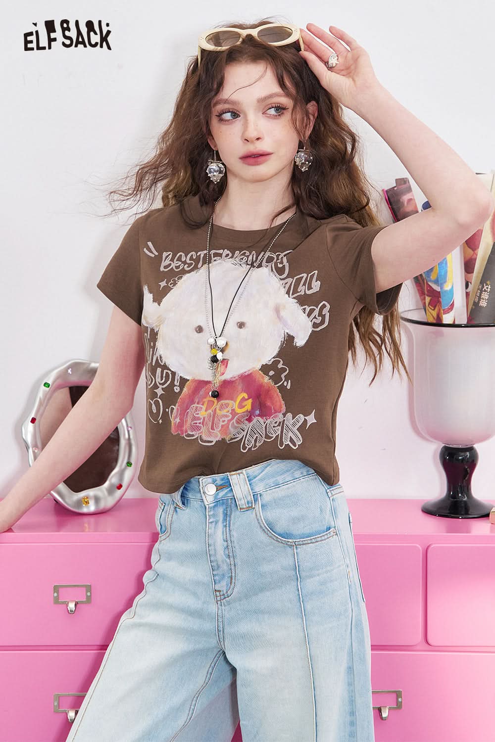 ELFSACK Dog Print Short Sleeved T-Shirt