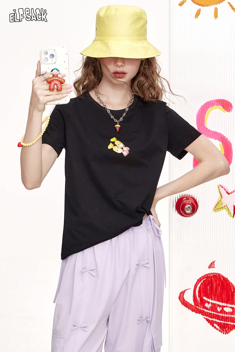 ELFSACK Dopamine Print Loose Casual Short Sleeved T-Shirt