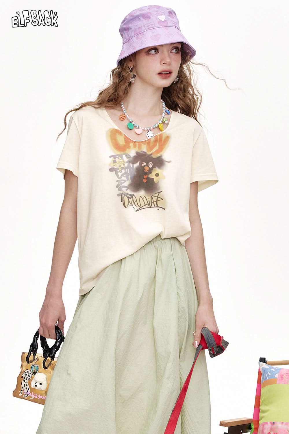 ELFSACK V-Neck Printed Casual Short Sleeved T-Shirt