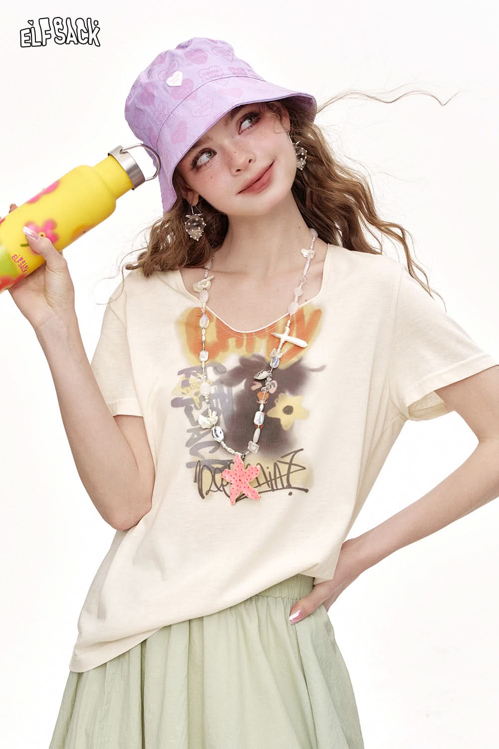 ELFSACK V-Neck Printed Casual Short Sleeved T-Shirt