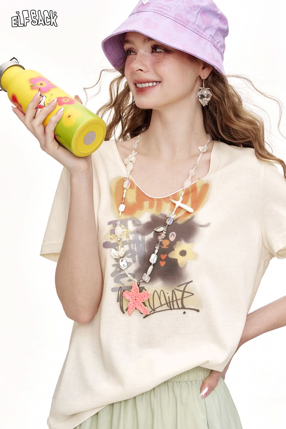 ELFSACK V-Neck Printed Casual Short Sleeved T-Shirt