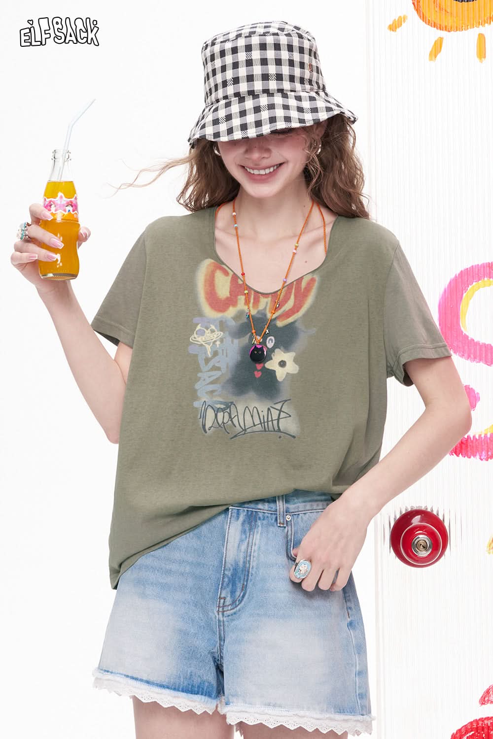 ELFSACK V-Neck Printed Casual Short Sleeved T-Shirt