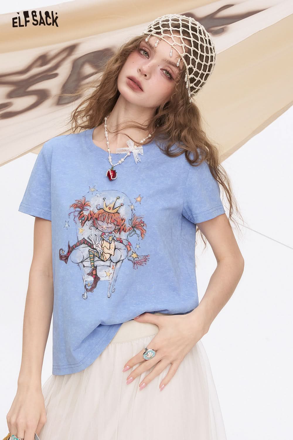 ELFSACK White Printed Shoulder Casual Short Sleeve T-Shirt