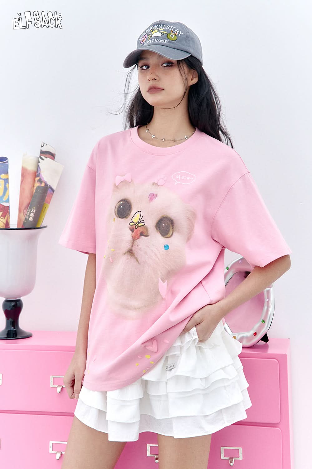 ELFSACK Pink Cat Printed Short Sleeved Casual T-Shirt