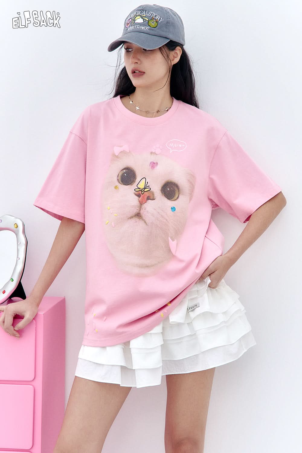 ELFSACK Pink Cat Printed Short Sleeved Casual T-Shirt