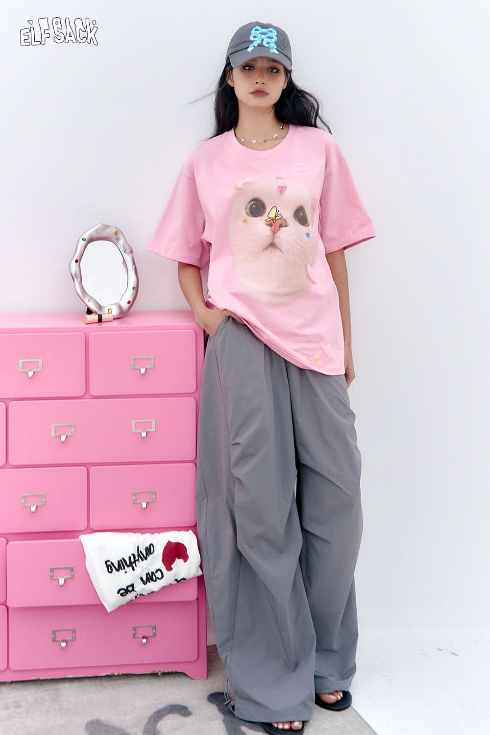 ELFSACK Pink Cat Printed Short Sleeved Casual T-Shirt