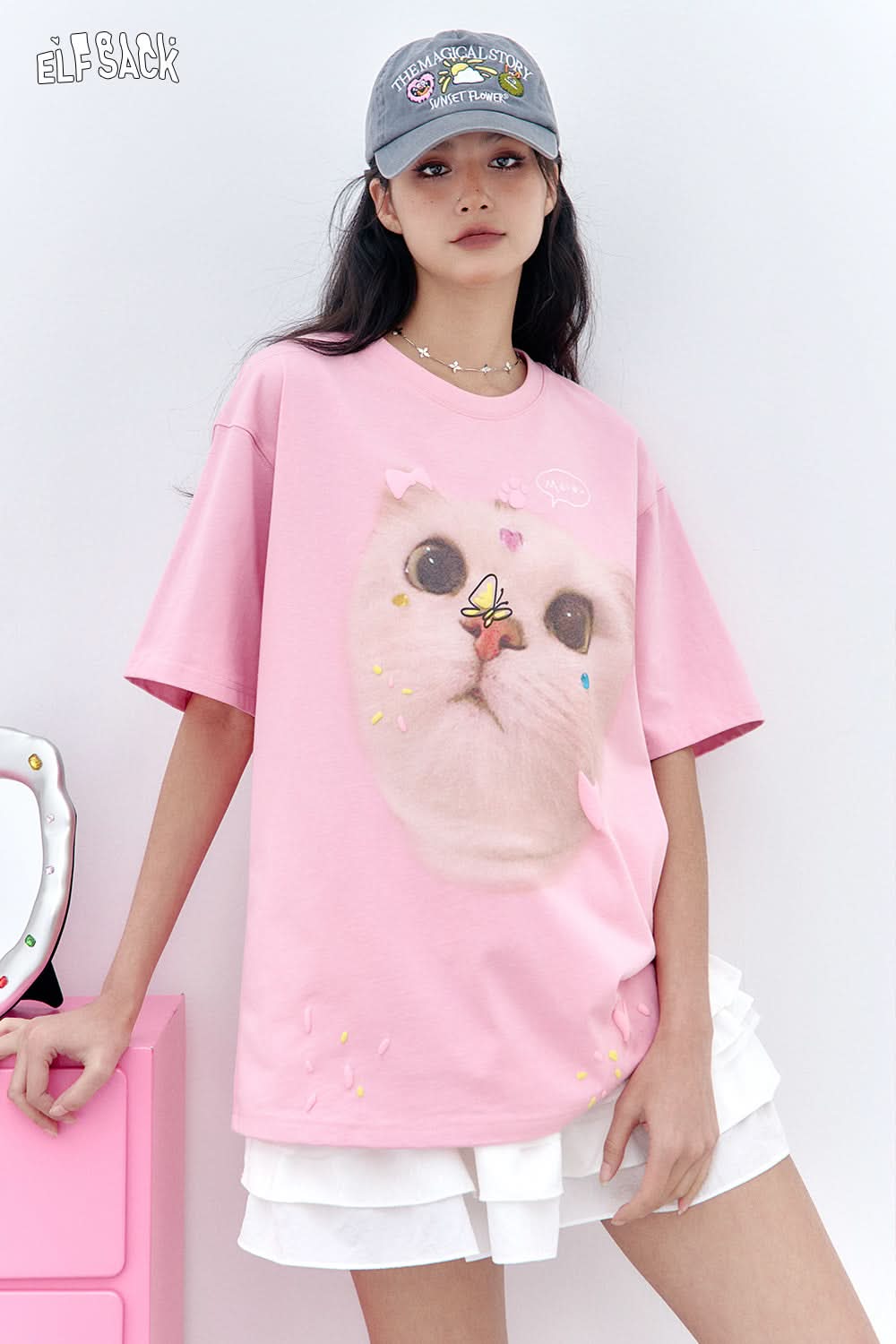 ELFSACK Pink Cat Printed Short Sleeved Casual T-Shirt